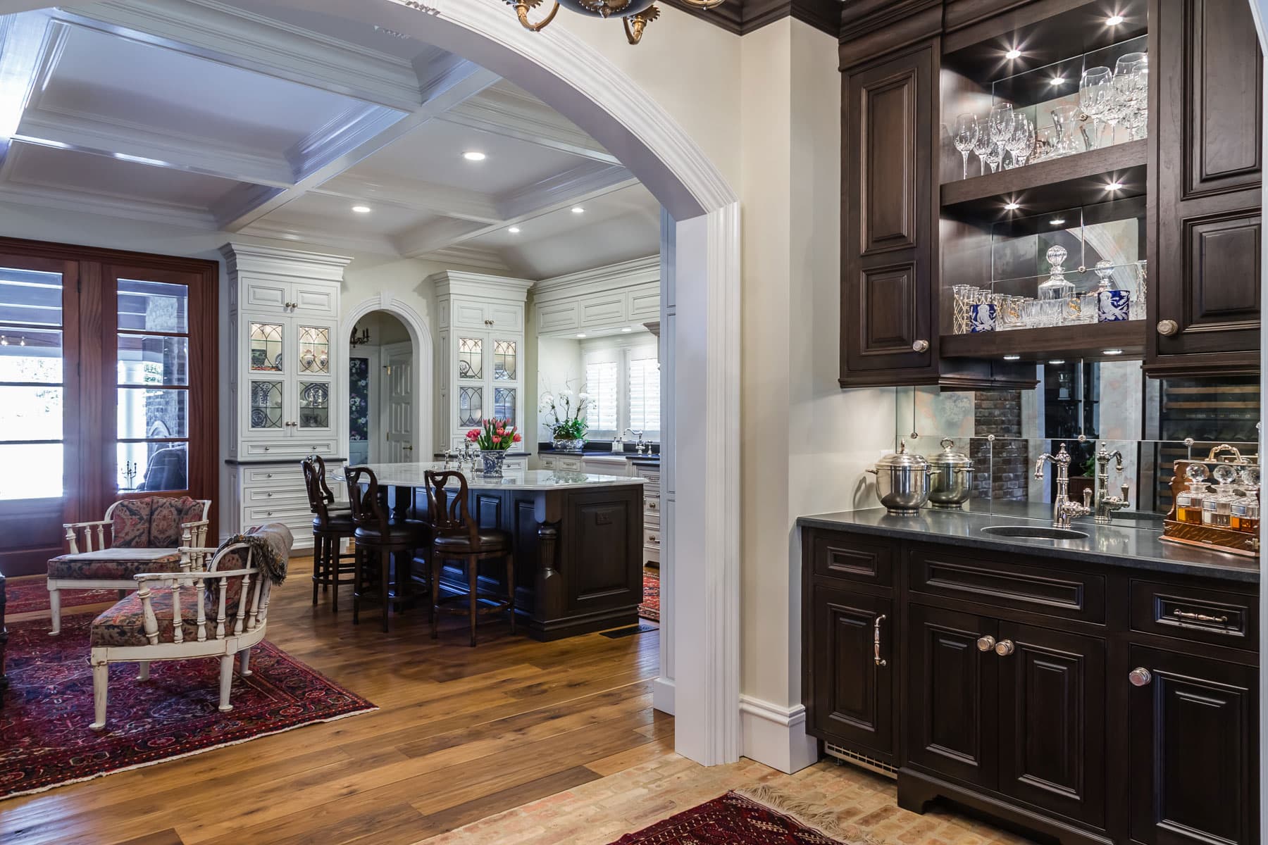 Formal Painted White Kitchen With Walnut Island